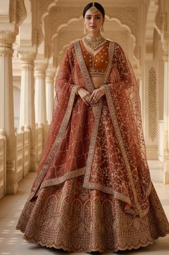 orange heavy silk bridal lehenga set choli with dupatta with double dupatta