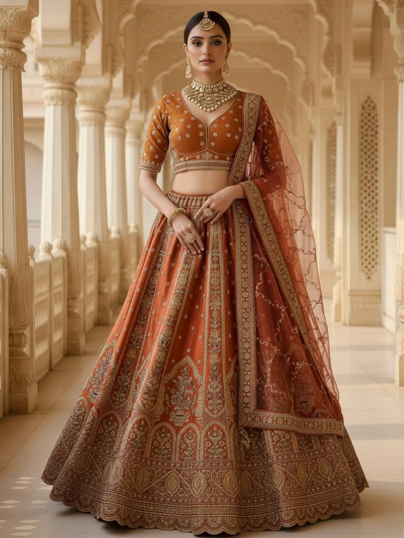 orange heavy silk bridal lehenga set choli with dupatta with double dupatta