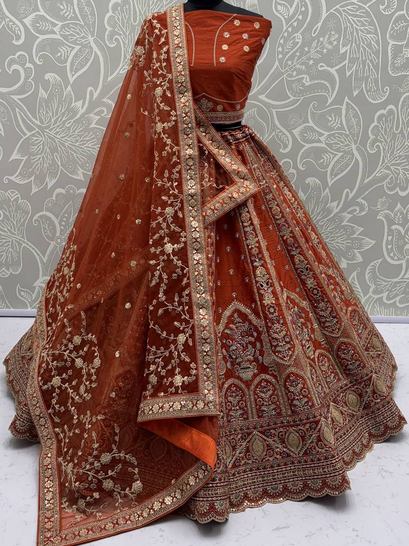 orange heavy silk bridal lehenga set choli with dupatta with double dupatta