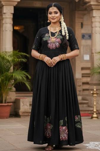 Black soft vichitra original brush print with handwork gown