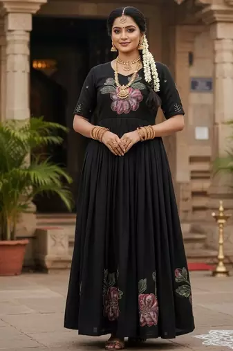 Black soft vichitra original brush print with handwork gown