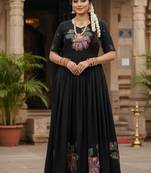 Black soft vichitra original brush print with handwork gown