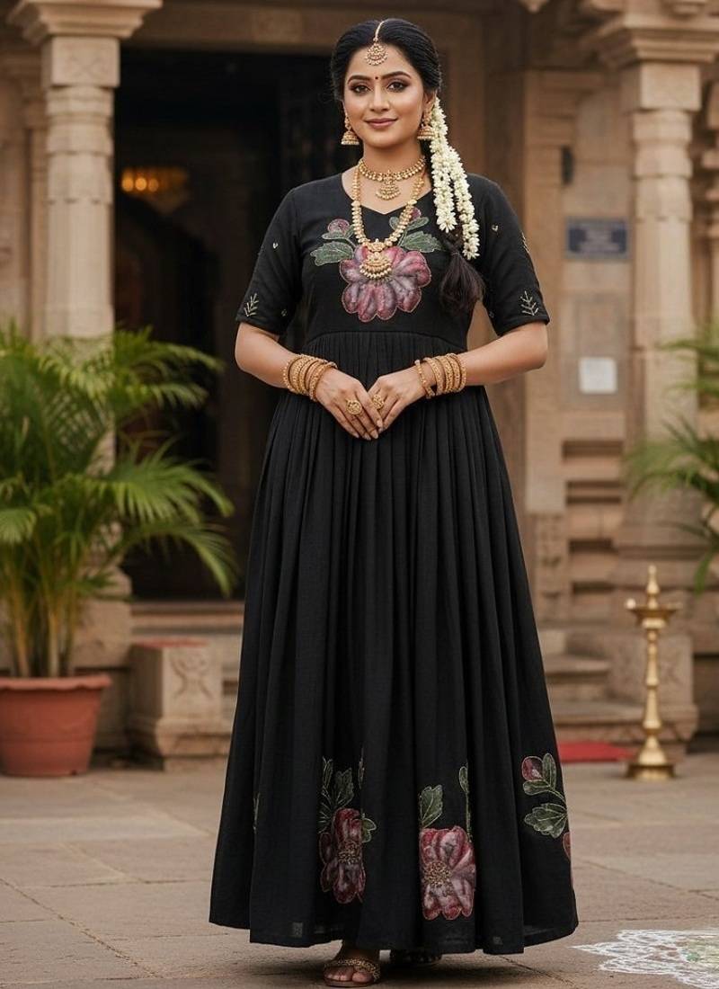 Black soft vichitra original brush print with handwork gown