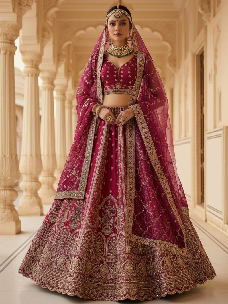 pink embroidered silk bridal lehenga set choli with dupatta with double dupatta