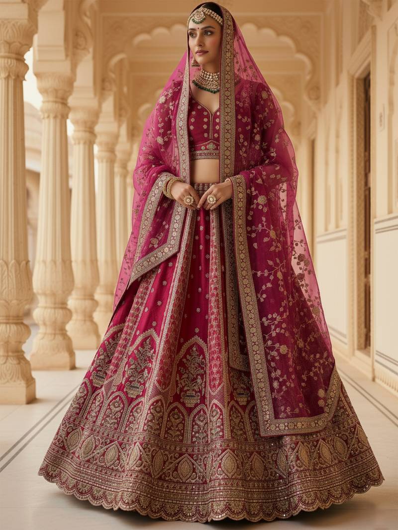 pink embroidered silk bridal lehenga set choli with dupatta with double dupatta