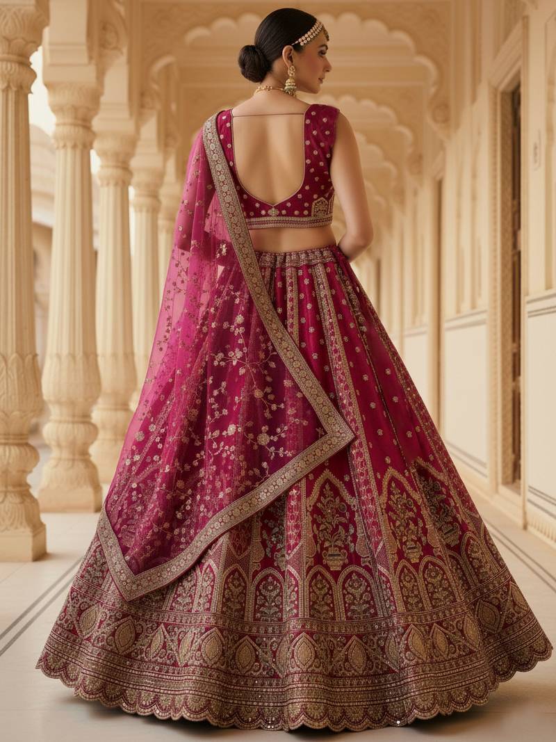 pink embroidered silk bridal lehenga set choli with dupatta with double dupatta