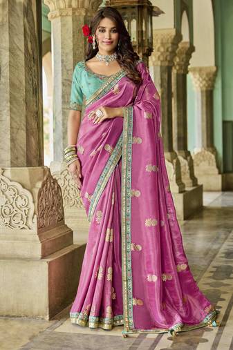 pink royal pink saree | golden motif detailing with turquoise contrast blouse