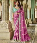 pink royal pink saree | golden motif detailing with turquoise contrast blouse