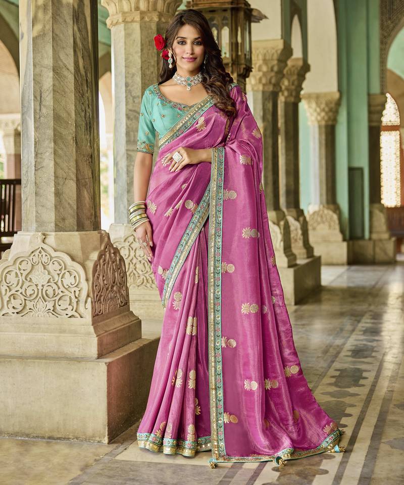 pink royal pink saree | golden motif detailing with turquoise contrast blouse