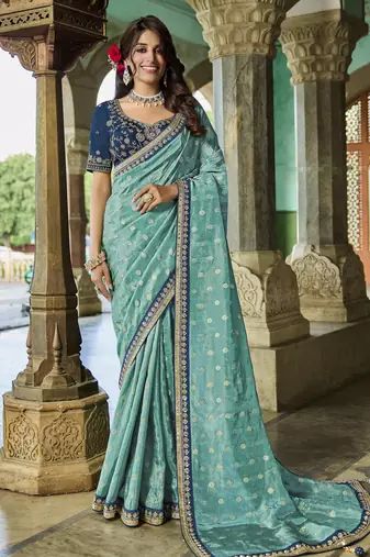 blue royal teal blue viscose saree with navy blue embroidered blouse