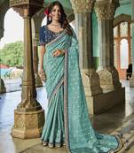blue royal teal blue viscose saree with navy blue embroidered blouse