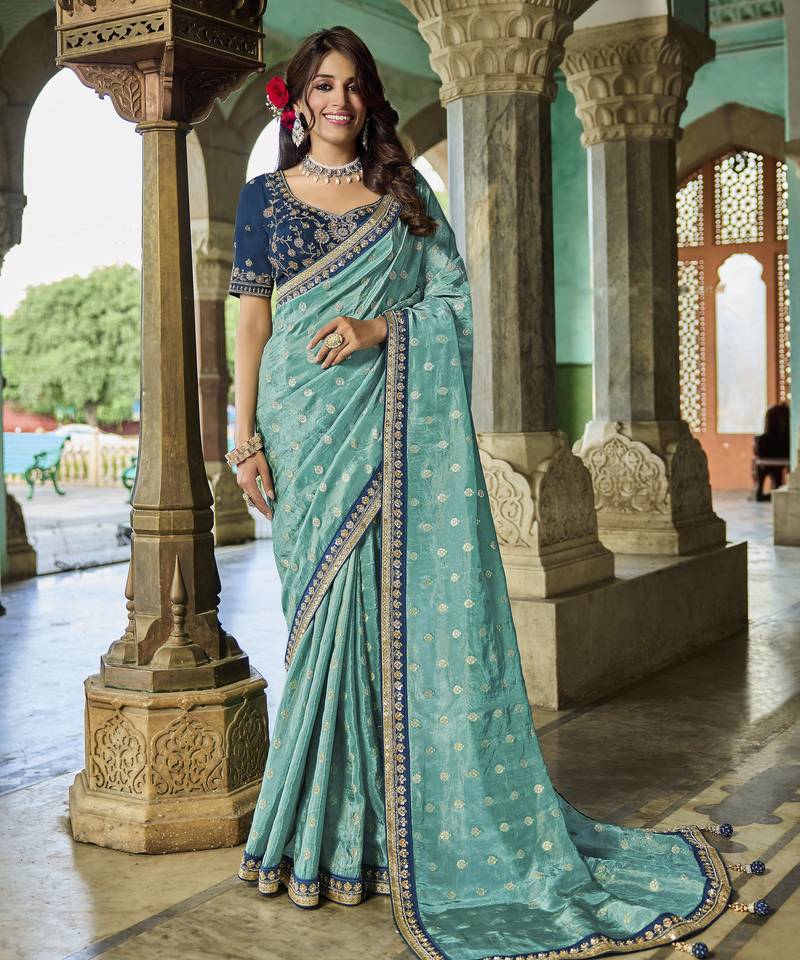 blue royal teal blue viscose saree with navy blue embroidered blouse