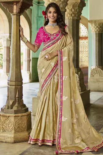 ivory viscose saree with pink embroidered work