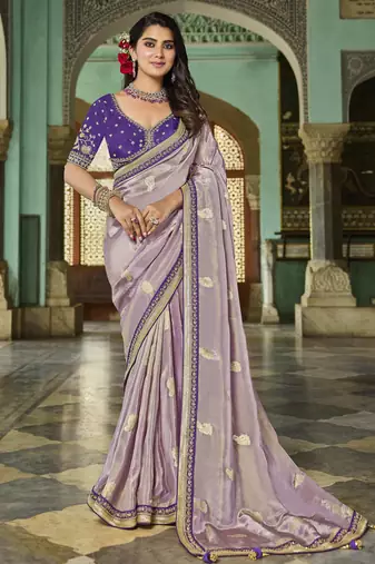purple viscose saree with golden embroidery design