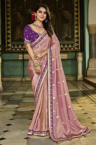 baby pink viscose saree with embroidered border work