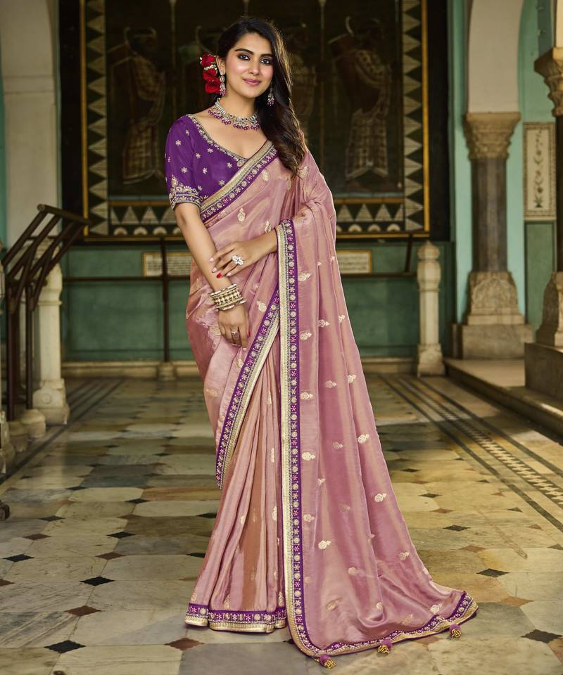 baby_pink pastel pink viscose saree with purple blouse