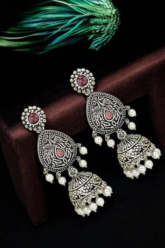 Silver oxidised drop jhumka earrings