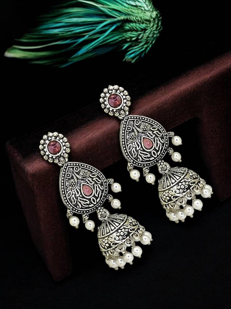 Silver oxidised drop jhumka earrings