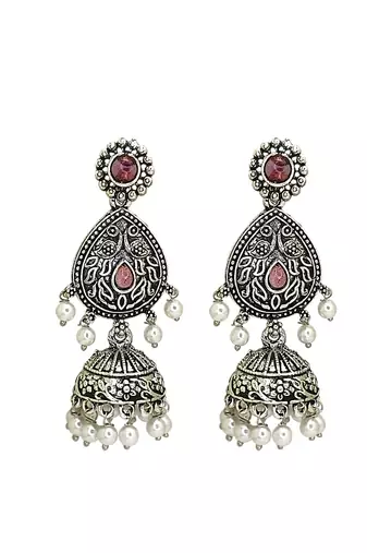 Silver oxidised drop jhumka earrings
