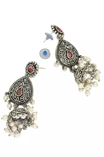 Silver oxidised drop jhumka earrings