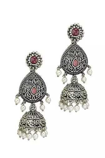Silver oxidised drop jhumka earrings
