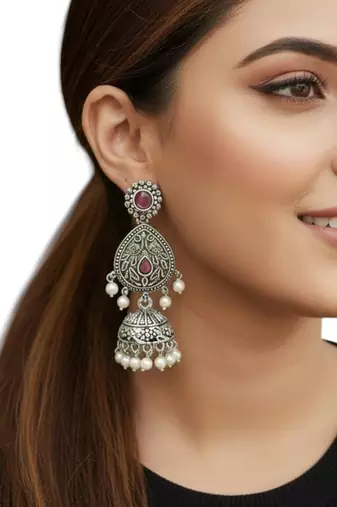 Silver oxidised drop jhumka earrings