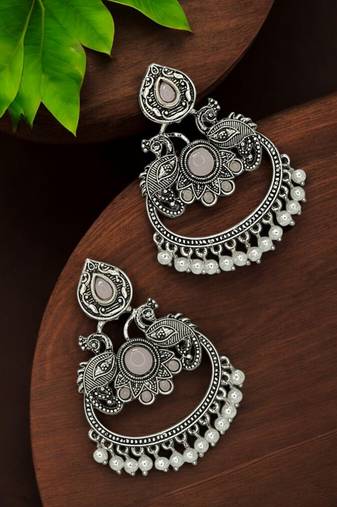 Silver oxidised mauve stone chandbali earrings