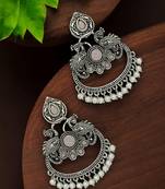 Silver oxidised mauve stone chandbali earrings