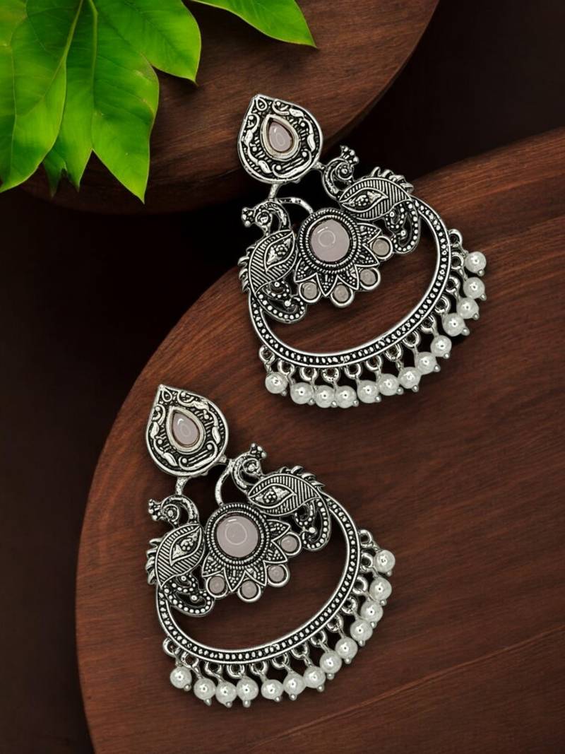 Silver oxidised mauve stone chandbali earrings