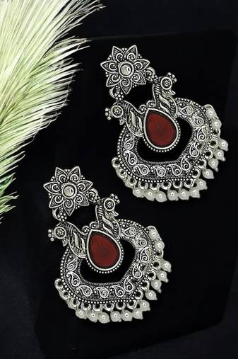 Silver oxidised red stone chandbali earrings