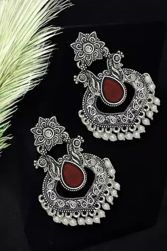 Silver oxidised red stone chandbali earrings
