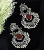 Silver oxidised red stone chandbali earrings