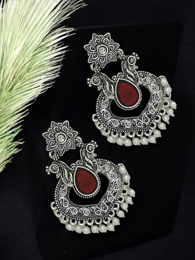 Silver oxidised red stone chandbali earrings
