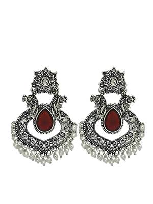 Silver oxidised red stone chandbali earrings 2