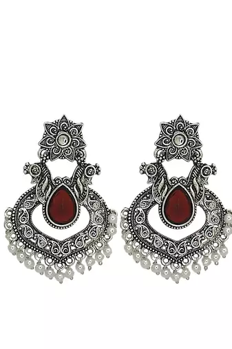 Silver oxidised red stone chandbali earrings