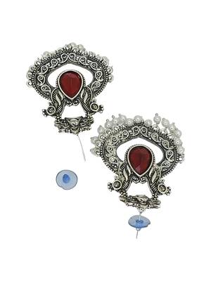 Silver oxidised red stone chandbali earrings 3