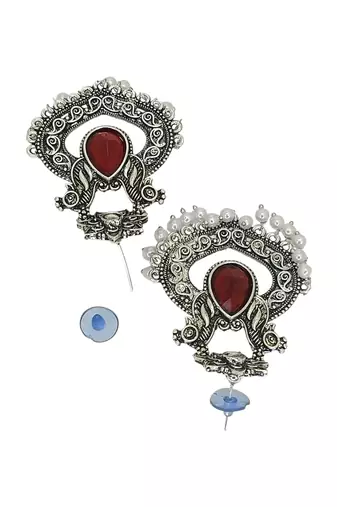 Silver oxidised red stone chandbali earrings
