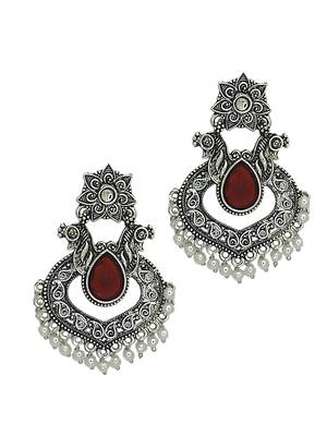 Silver oxidised red stone chandbali earrings 4