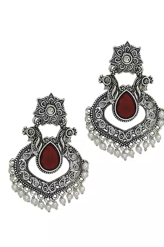 Silver oxidised red stone chandbali earrings