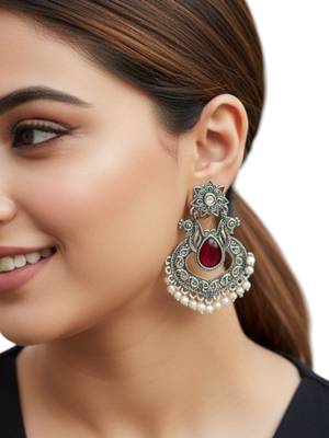 Silver oxidised red stone chandbali earrings 5