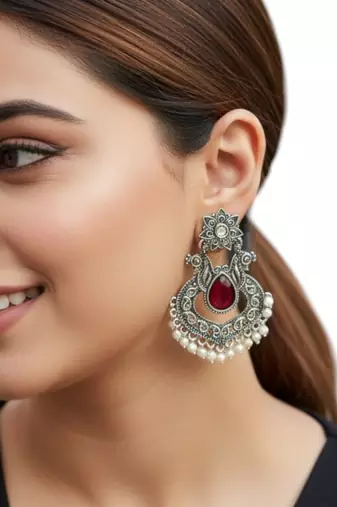 Silver oxidised red stone chandbali earrings