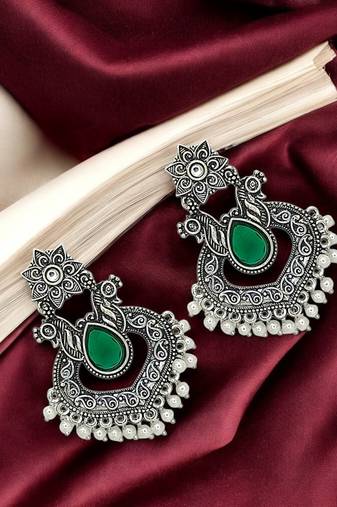 Silver oxidised green stone chandbali earrings