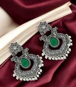 Silver oxidised green stone chandbali earrings