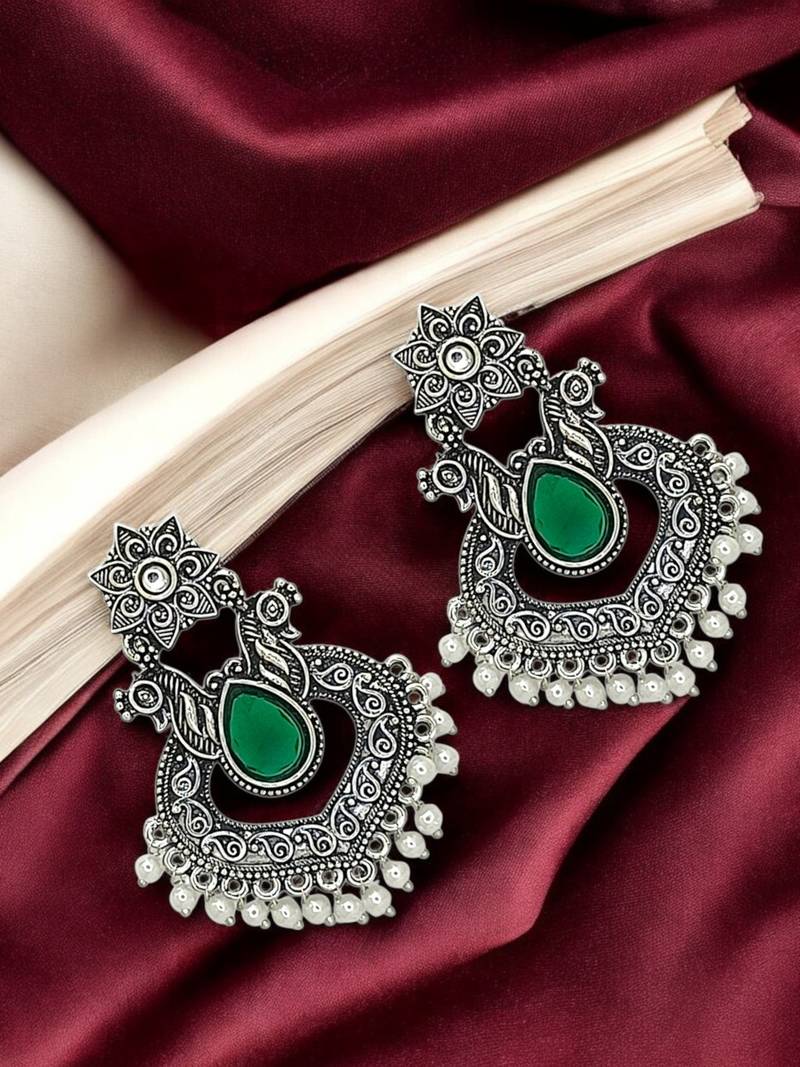 Silver oxidised green stone chandbali earrings