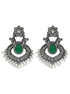 Silver oxidised green stone chandbali earrings 2
