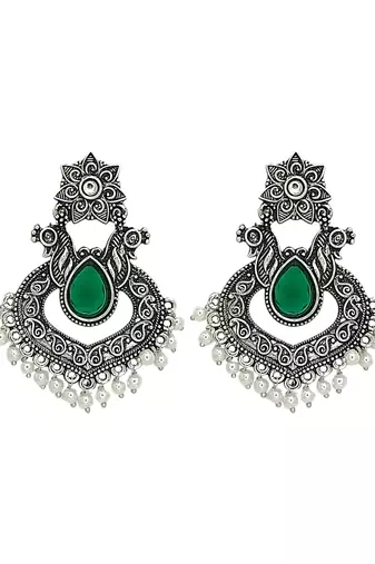 Silver oxidised green stone chandbali earrings