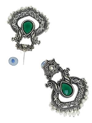 Silver oxidised green stone chandbali earrings 3