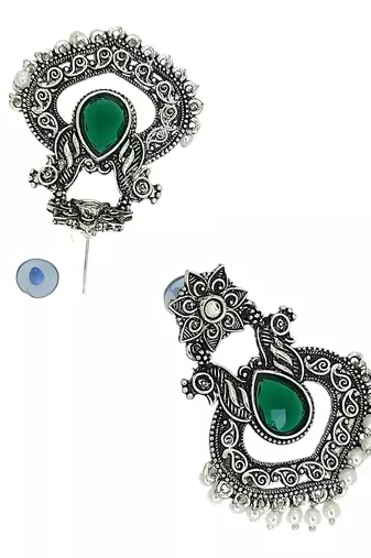 Silver oxidised green stone chandbali earrings