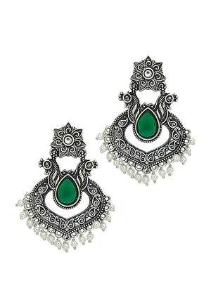 Silver oxidised green stone chandbali earrings 4