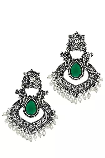 Silver oxidised green stone chandbali earrings